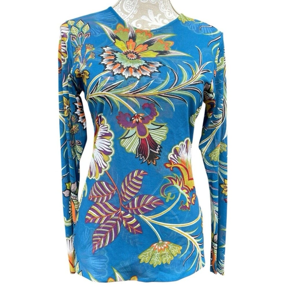 Petit Pois Viviana G Mesh Top Size L Sheer Floral Peacock Art To Wear Blouse